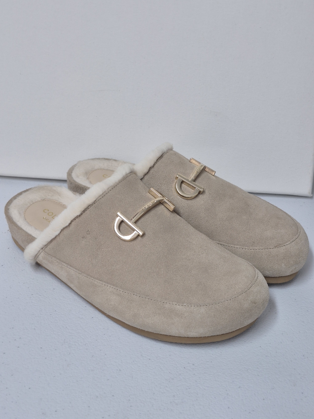 COLE HAAN Modern Classics Ada Beige Suede Faux Fur Mule Loafers Shoes 7.5